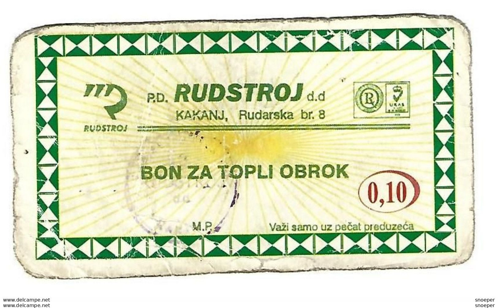 Bosnia- Herzegovina Kakanj  RUDSTROJ HOT MEAL   0,10       Ref126 - Bosnia Erzegovina