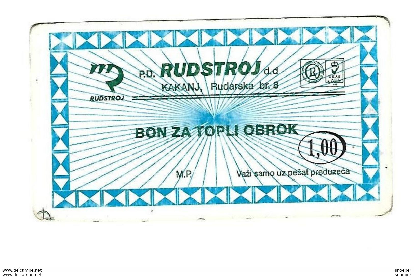 Bosnia- Herzegovina Kakanj  RUDSTROJ HOT MEAL   1,00       Ref128 - Bosnia And Herzegovina