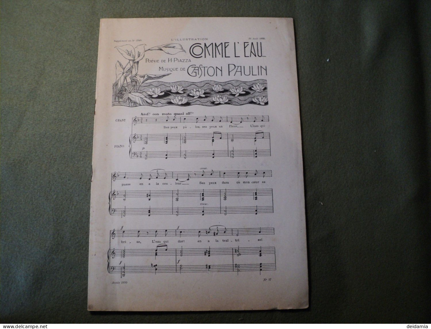 PARTITION COMME L EAU. 1899. GASTON PAULIN / H. PIAZZA 1ER PLAT ILLUSTRE PR RICHARD BARABANDY.  SUPPLEMENT MUSICAL - Autres & Non Classés