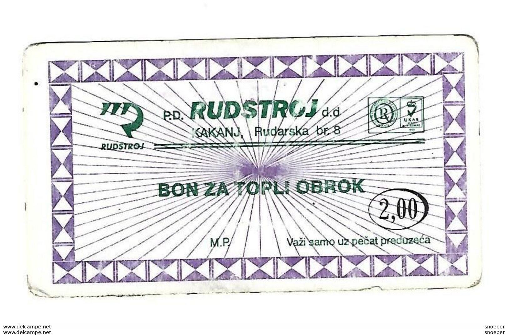 Bosnia- Herzegovina Kakanj  RUDSTROJ HOT MEAL   2,00  No  Stamp      Ref130 - Bosnien-Herzegowina