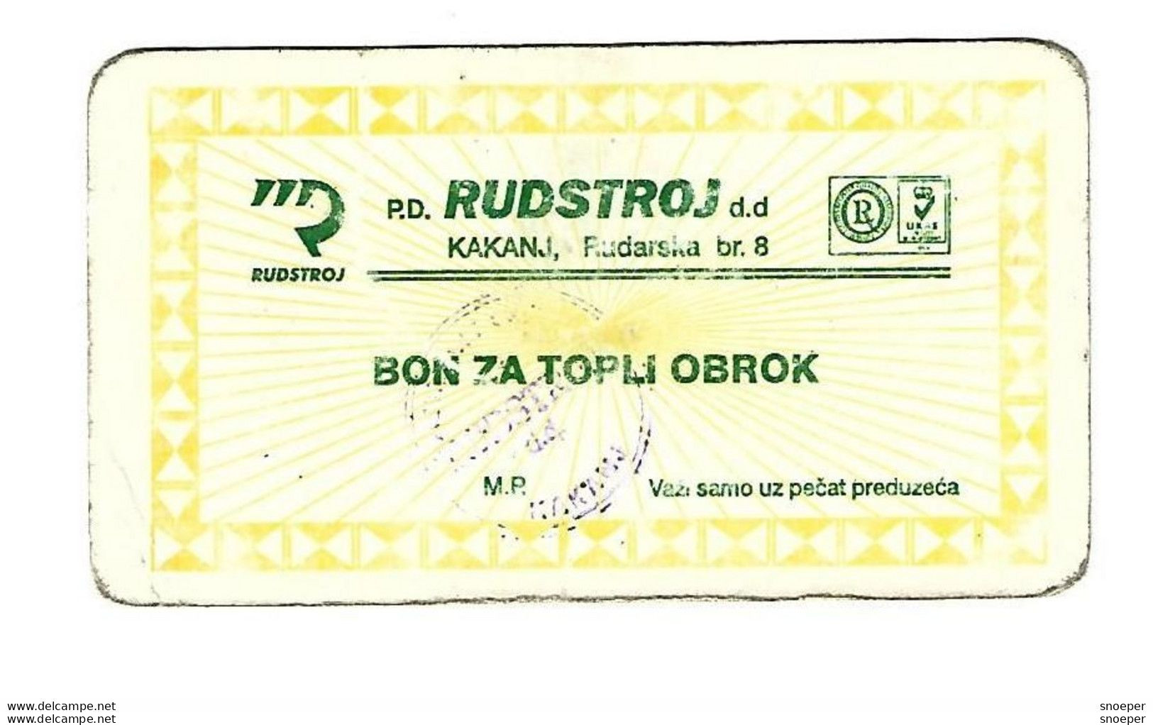 Bosnia- Herzegovina Kakanj  RUDSTROJ HOT MEAL With  Stamp      Ref131 - Bosnia Erzegovina