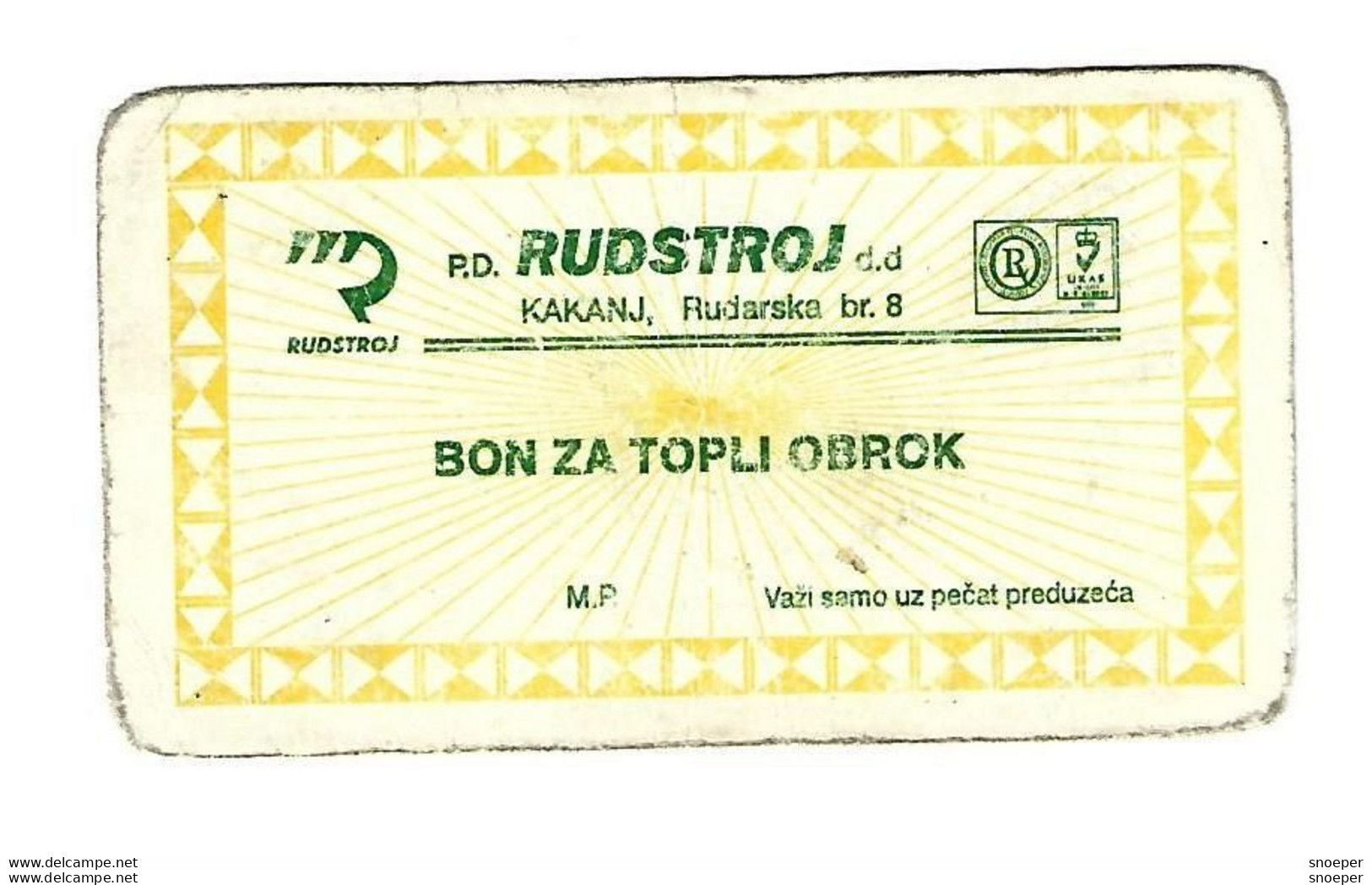 Bosnia- Herzegovina Kakanj  RUDSTROJ HOT MEAL  No  Stamp      Ref132 - Bosnia And Herzegovina