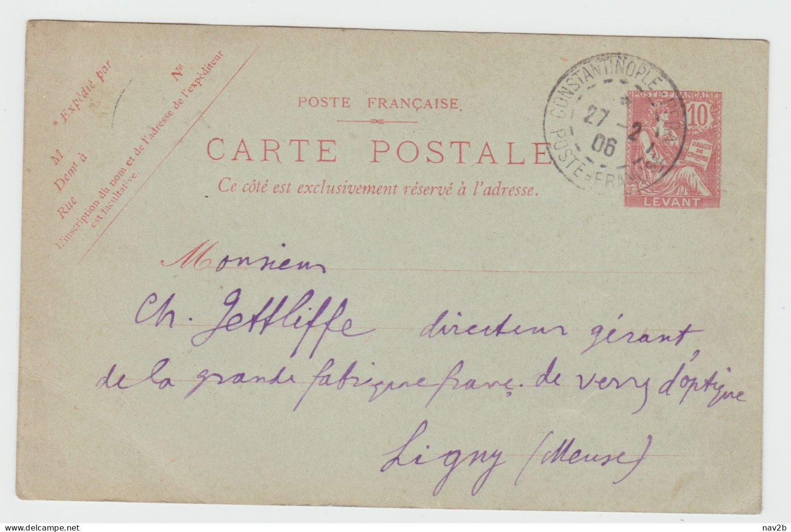 Levant . Entier Carte Postale Mouchon 10 Cts Sans Date , Oblitérée Constantinople  1906 . - Lettres & Documents