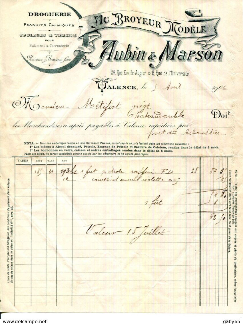 FACTURE.26.DROME.VALENCE.DROGUERIE.COULEURS & VERNIS.AUBI & MARSON " AU BROYEUR MODÈLE " 24 RUE EMILE AUGIER. - Chemist's (drugstore) & Perfumery