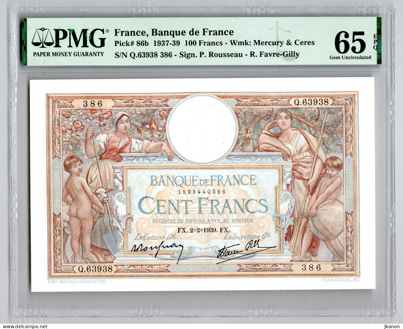 France 2.2.1939 P-86b PMG Gem UNC 65 EPQ 100 Francs - 100 F 1908-1939 ''Luc Olivier Merson''