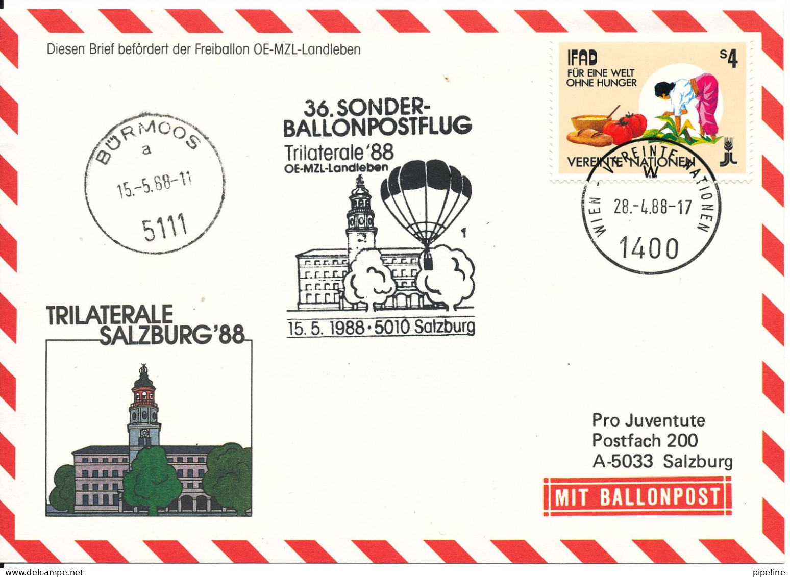 Austria UN Vienna Balloonflight Cover Trilaterale Salzburg 88 Nice Cover With More Cancels Bürmoos 15-5-1988 - Brieven En Documenten