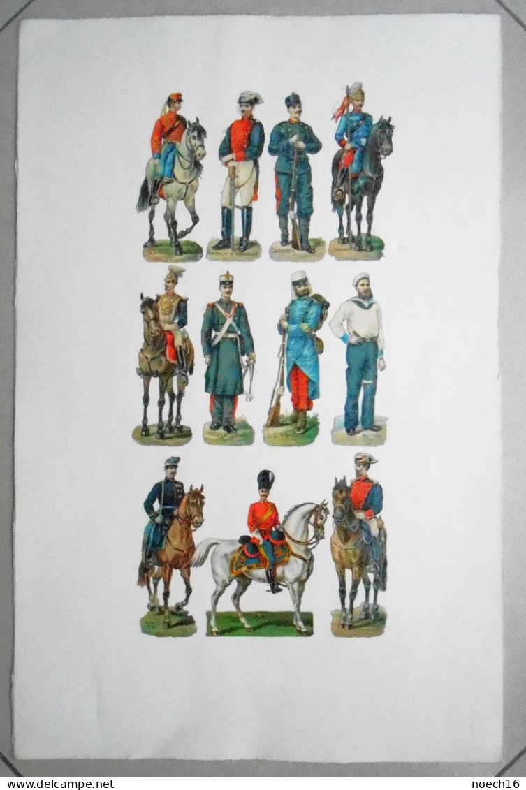 Planche, 11 Chromos Découpis. Uniformes Militaires Espagnols, Guardia Civil, Escolta Real, Carabinero, Marinero, Lancero - Autres & Non Classés