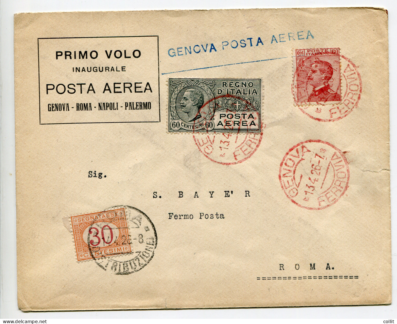 Genova/Roma Del 13.4.26 - Aerogramma Per Roma Fermo Posta - Marcophilie (Avions)