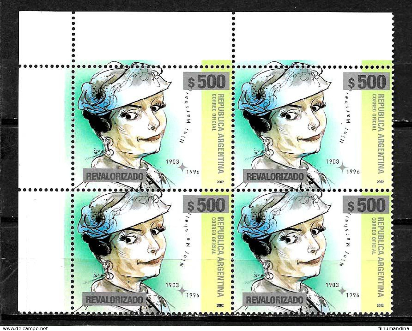 #75350 ARGENTINA 2023 NEW EMERGENCY OVERPRINTED REVALORIZADO DEFINITIVES 500 Ps NINI MARSHALL ARTIST BLx4 - Unused Stamps