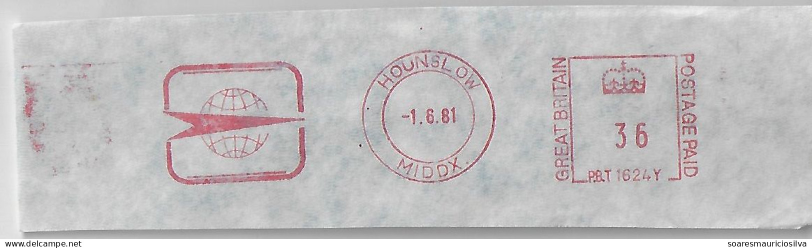 Great Britain 1981 Cover Fragment Meter Stamp Pitney Bowes 5000 Series Slogan To Identify From Hounslow Globe - Covers & Documents