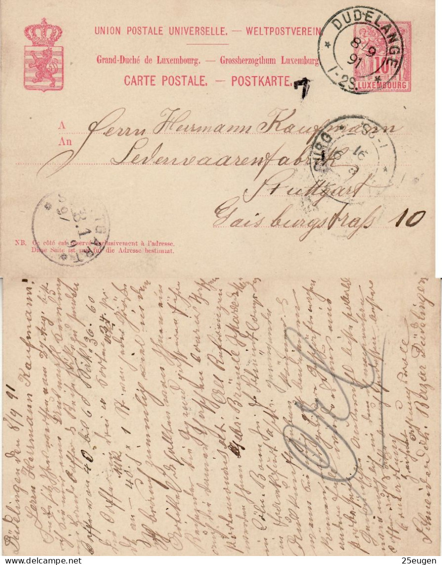 LUXEMBOURG 1891 POSTCARD SENT  FROM DUDELANGE TO STUTTGART - Entiers Postaux
