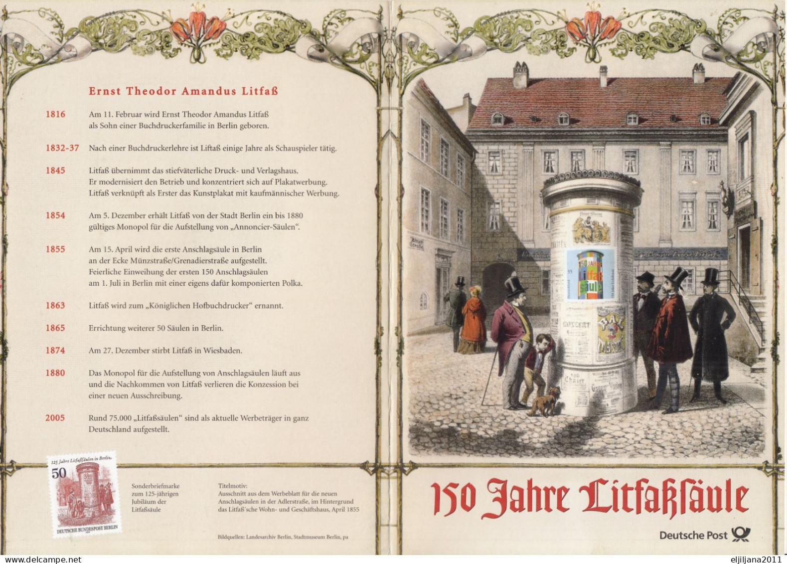 Germany 2005 ⁕ 150 Jahre Litfaßsäule Mi.2444 X4 (advertising Column) ⁕ FDC Booklet - Erstausgabe / Ersttagsstempel - 2001-2010