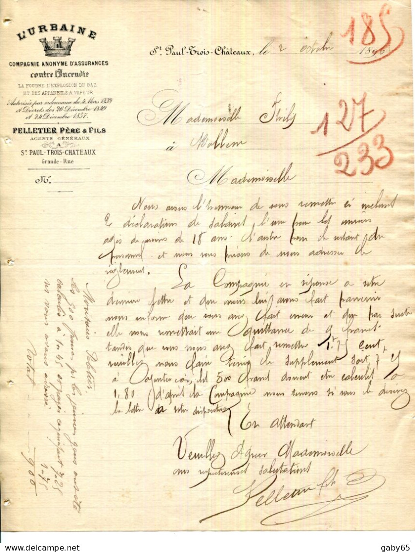 FACTURE.26.DROME.SAINT PAUL TROIS CHATEAUX.COMPAGNIE ASSURANCES " L'URBAINE " PELLETIER PERE & FILS GRANDE RUE. - Banca & Assicurazione