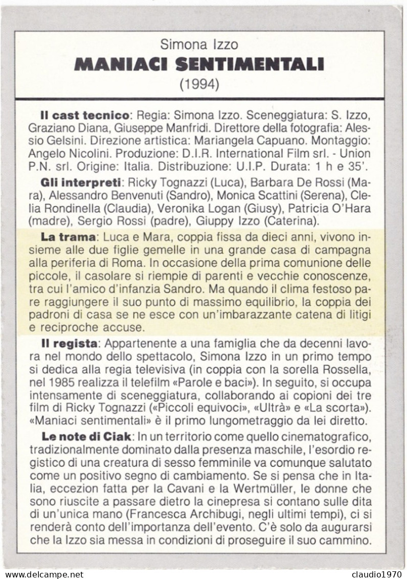 CINEMA - MANIACI SENTIMENTALI - 1994 - PICCOLA LOCANDINA CM. 14X10 - Werbetrailer