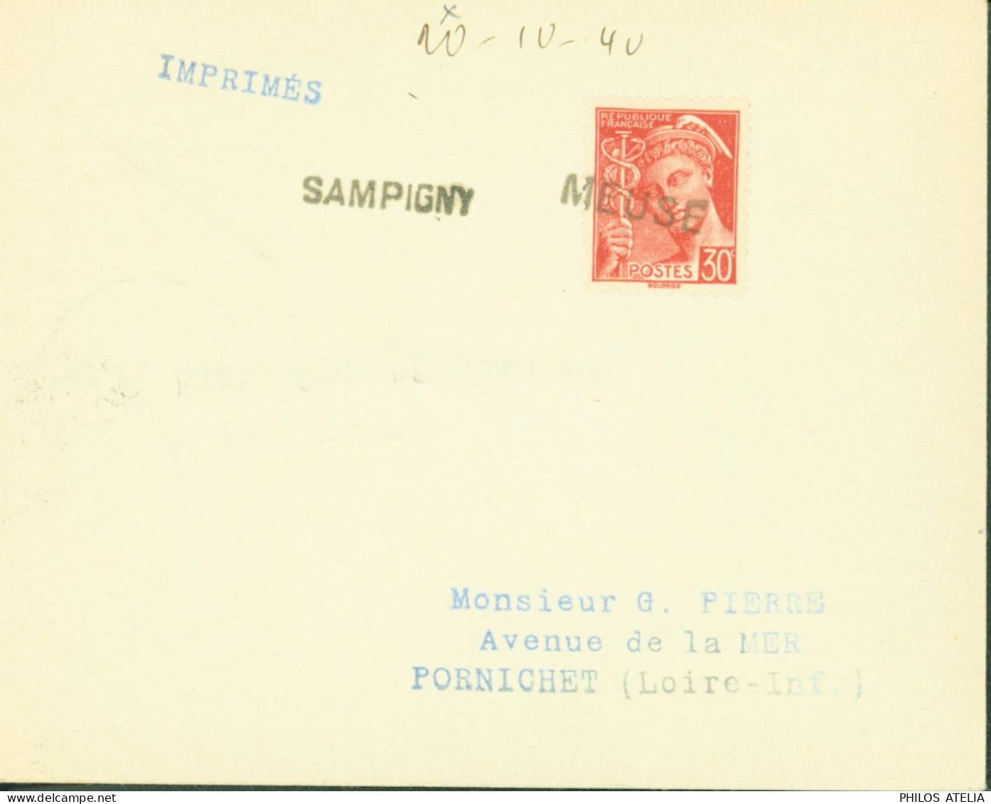 Guerre 40 Meuse Débâcle Oblitération Provisoire De Fortune Sampigny Meuse + Manuscrit 20 10 40 YT Mercure N°412 - WW II