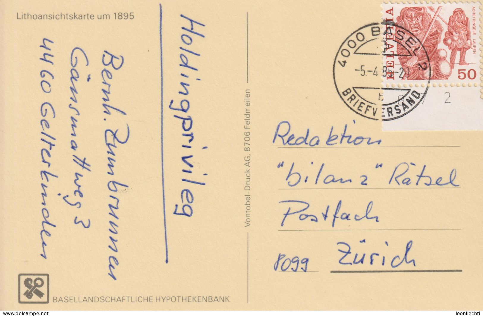 Gruss Aus Gelterkinden, Repr. Lithoansicht Um 1895, BM: Zum: 599,Mi: 1105, ° 4000 Basel Briefversand 5.4.1985 - Sissach