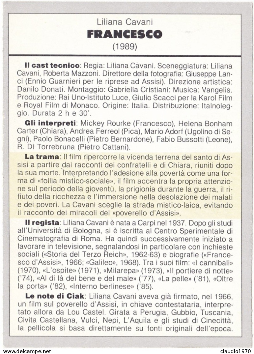 CINEMA - FRANCESCO - 1989 - PICCOLA LOCANDINA CM. 14X10 - Pubblicitari