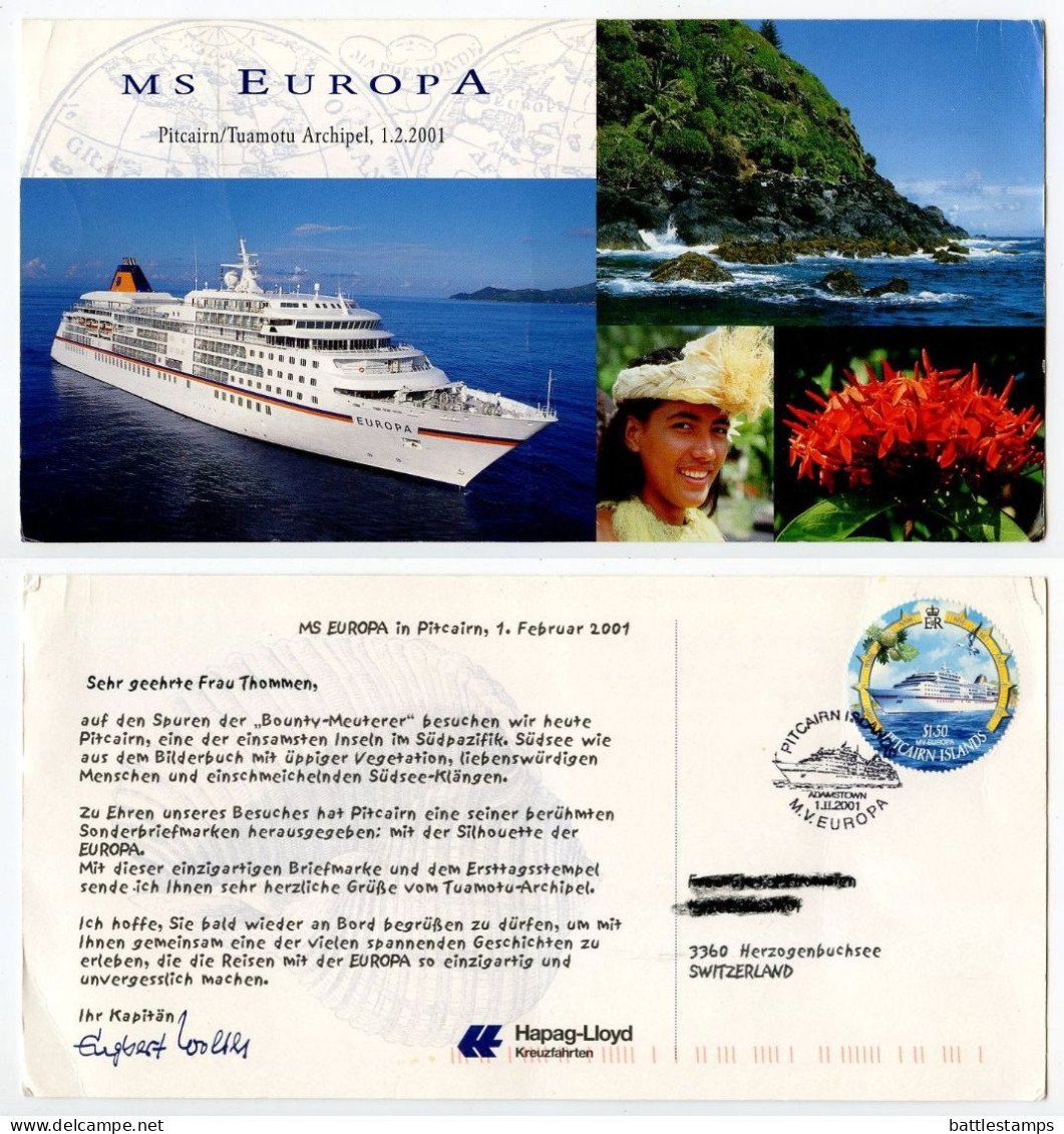 Pitcairn Islands 2001 Postcard M.V. Europa Cruise Ship Visit To The Islands; Scott 532, FDC Postmark - Pitcairn Islands