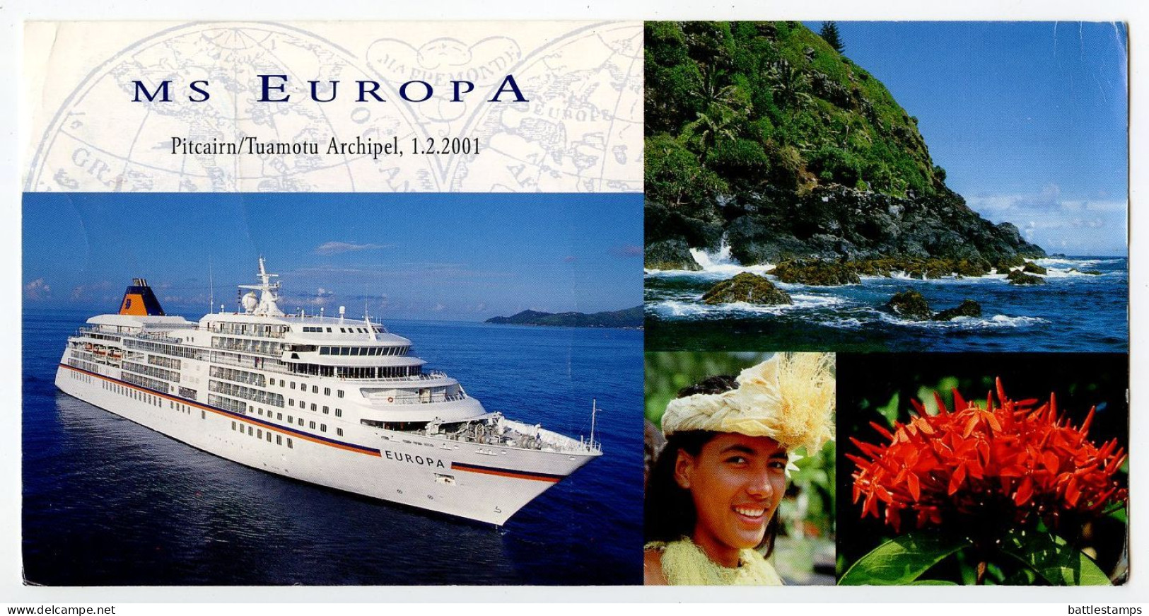 Pitcairn Islands 2001 Postcard M.V. Europa Cruise Ship Visit To The Islands; Scott 532, FDC Postmark - Pitcairn Islands