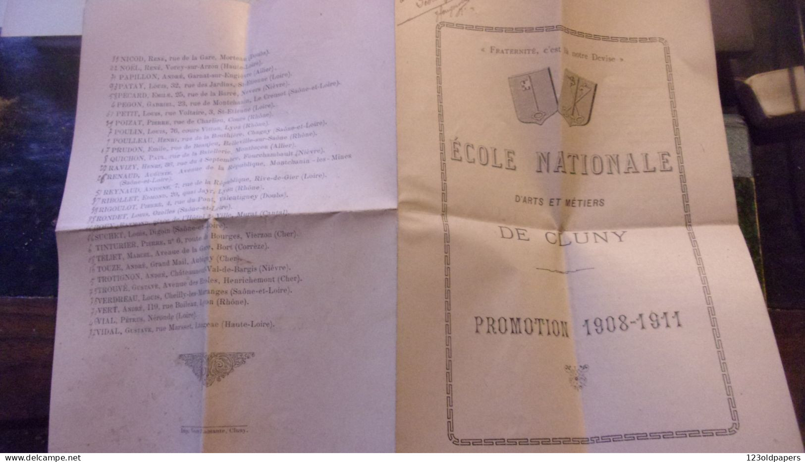 ECOLE NATIONALE ARTS METIERS CLUNY PROMOTION 1908 1911 LISTE DES ELEVES ET ADRESSE - Diplome Und Schulzeugnisse