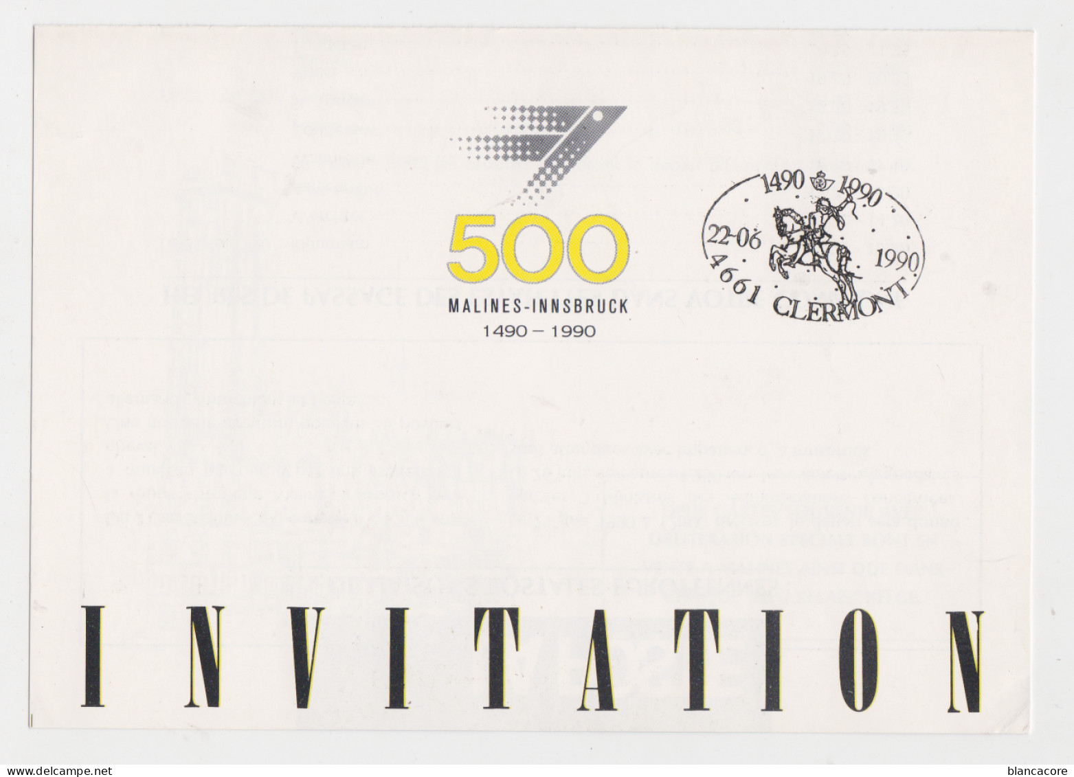 1490 - 1990 Liaison Mechelen - Malines Innsbruck  500 Eme Anniversaire Cachet De 4661 Clermont Carton D'invitation - Officinas De Paso