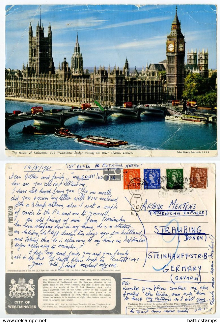 Great Britain 1961 Postcard London - Houses Of Parliament & Westminster Bridge Over Thames, QEII Stamps - Houses Of Parliament