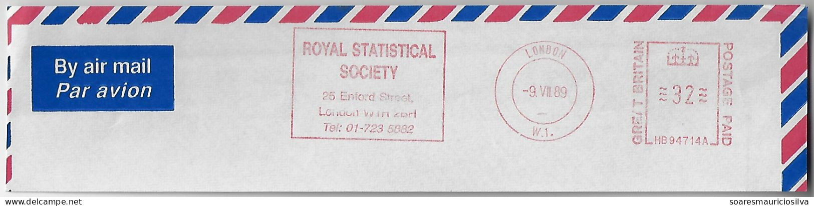 Great Britain 1989 Airmail Cover Fragment Meter Stamp Hasler Mailmaster Slogan Royal Statistical Society From London - Covers & Documents