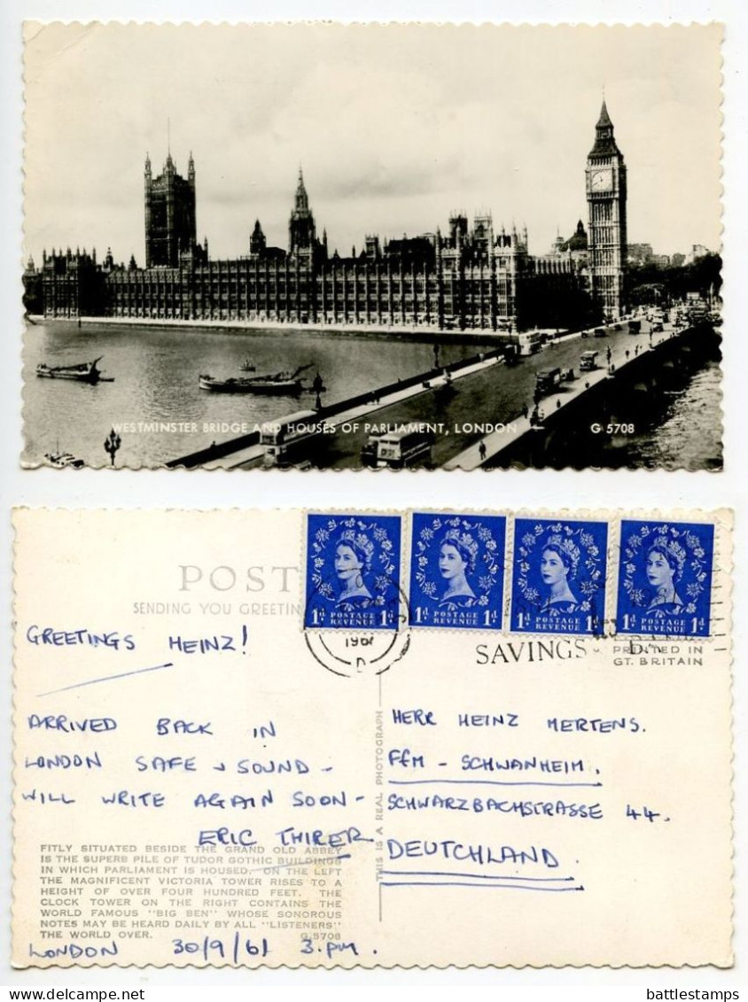 Great Britain 1961 RPPC Postcard London - Houses Of Parliament & Westminster Bridge Over Thames, 1p. QEII Stamps - Houses Of Parliament