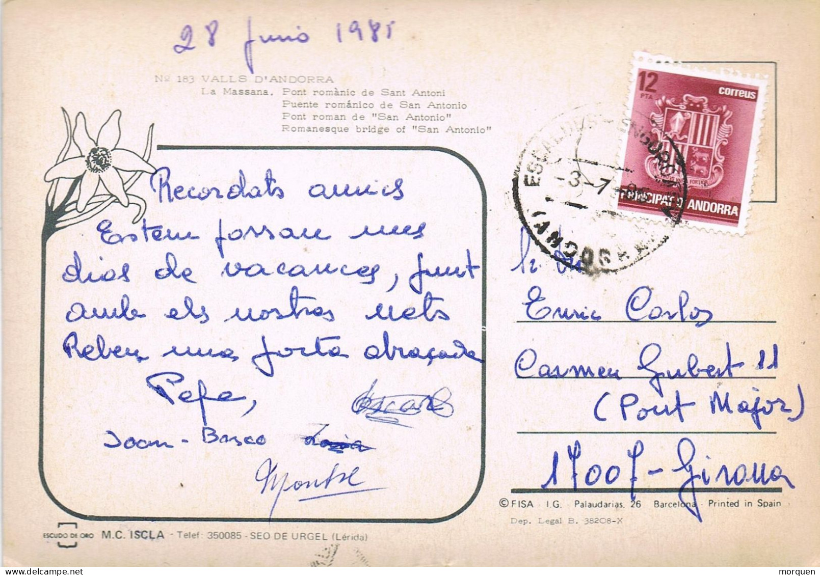 53740. Postal ESCALDES ENGORDANY (Andorra Española) 1985. Vistas De La MaSSANA, PONT ROMANIC - Lettres & Documents