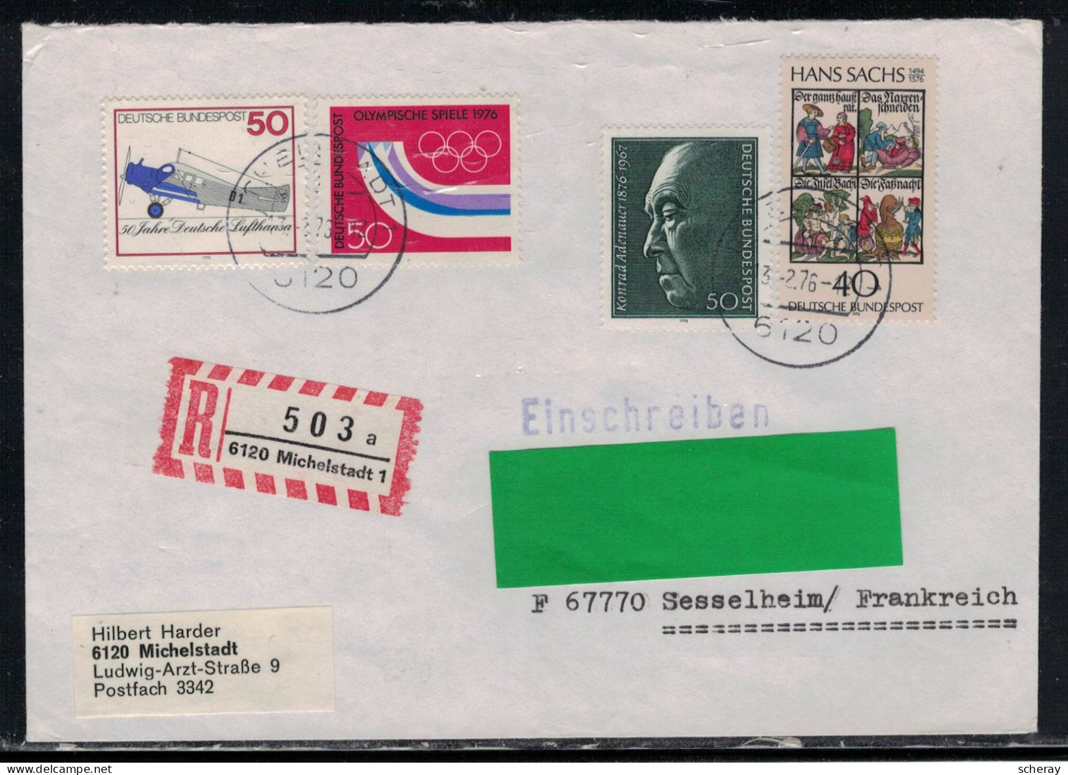 RFA 062 BRIEF EINSCHREIBEN 6120 MICHELSTADT 1 3/2/1976 - R- Und V-Zettel