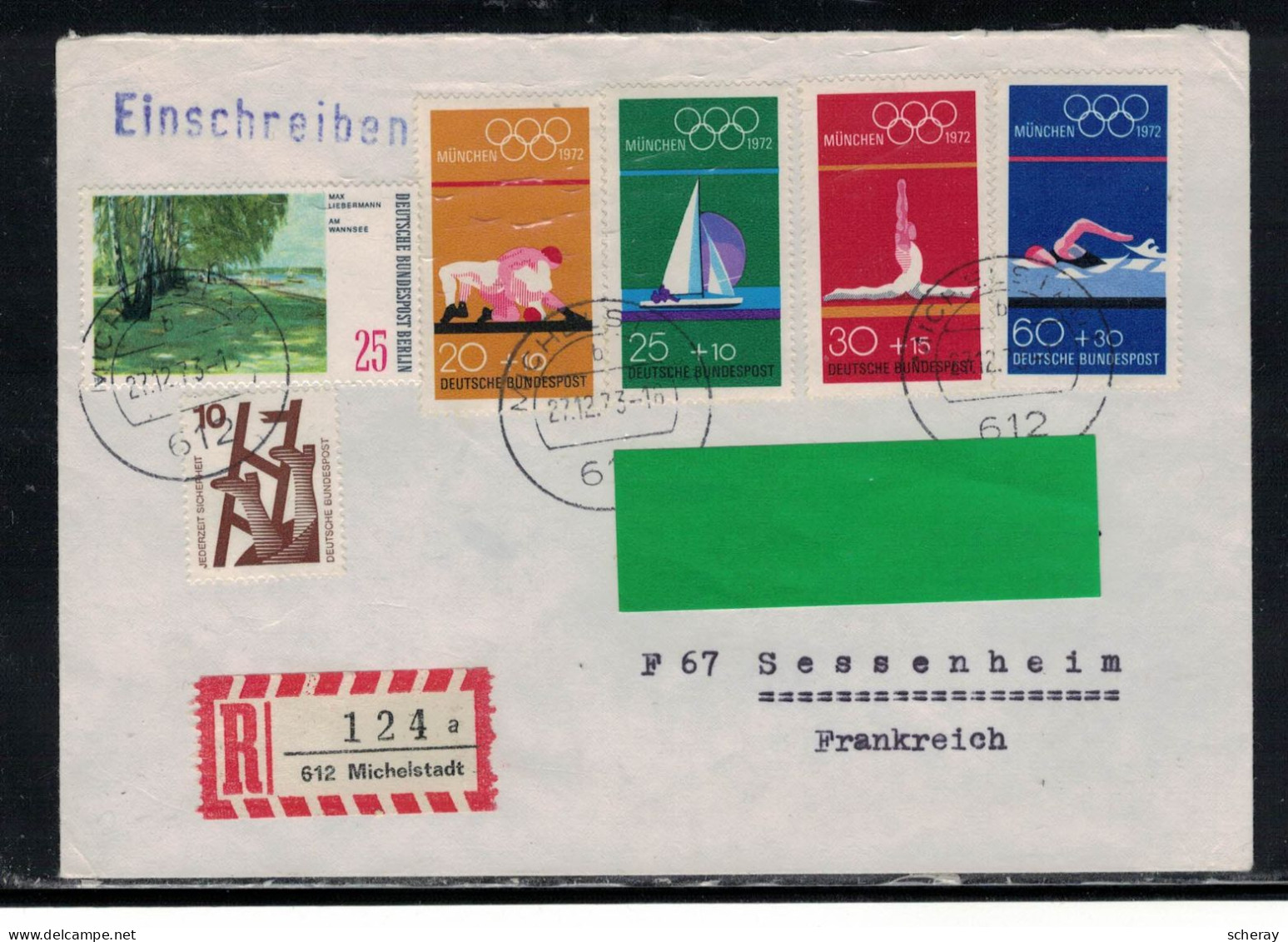 RFA 063 BRIEF EINSCHREIBEN 612 MICHELSTADT  27/12/1973 - R- & V- Labels