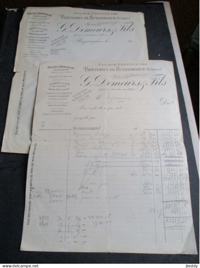2 Stuks Facturen 1 Onbeschreven (Begin 1900 )  G . DEMEURS &  FILS   Papeteries  De  HUYSSINGHEN - Beersel