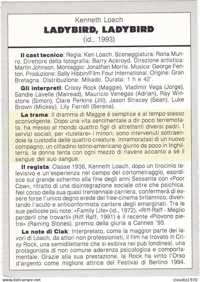 CINEMA - LADYBIED, LADYBIRD - 1993 - PICCOLA LOCANDINA CM. 14X10 - Publicité Cinématographique