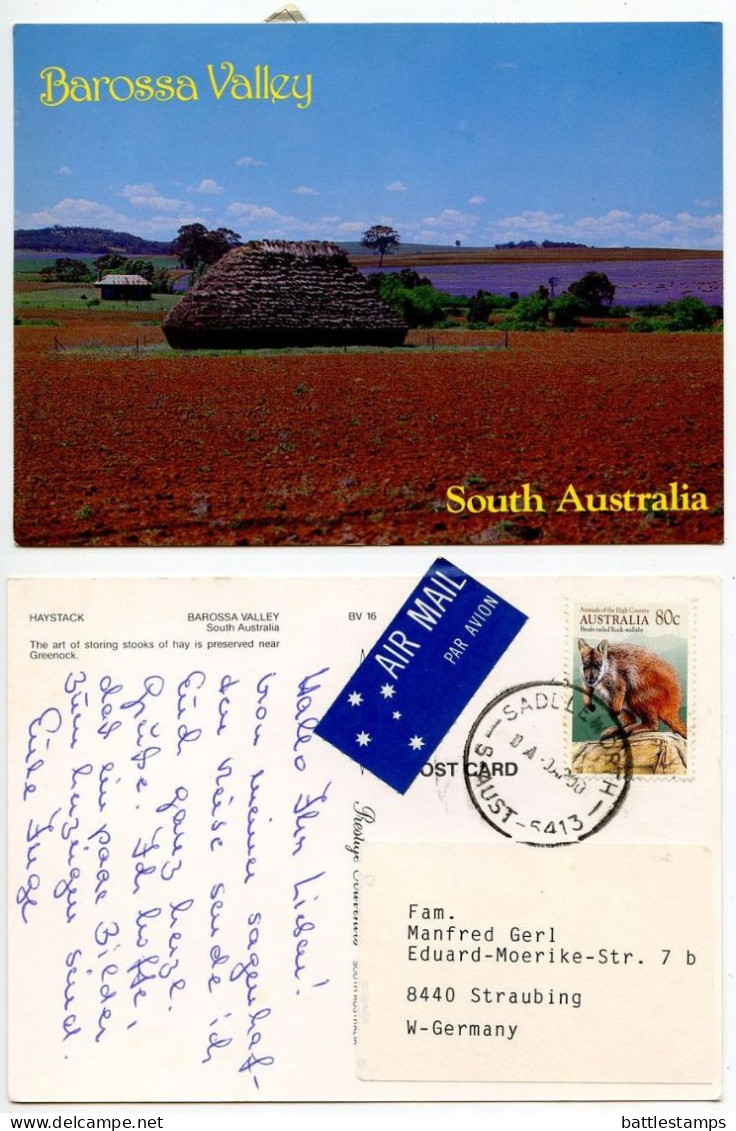 Australia 1990 Postcard Barossa Valley - Haystack; 80c. Brush-tailed Rock-wallaby Stamp; Saddleworth Postmark - Barossa Valley