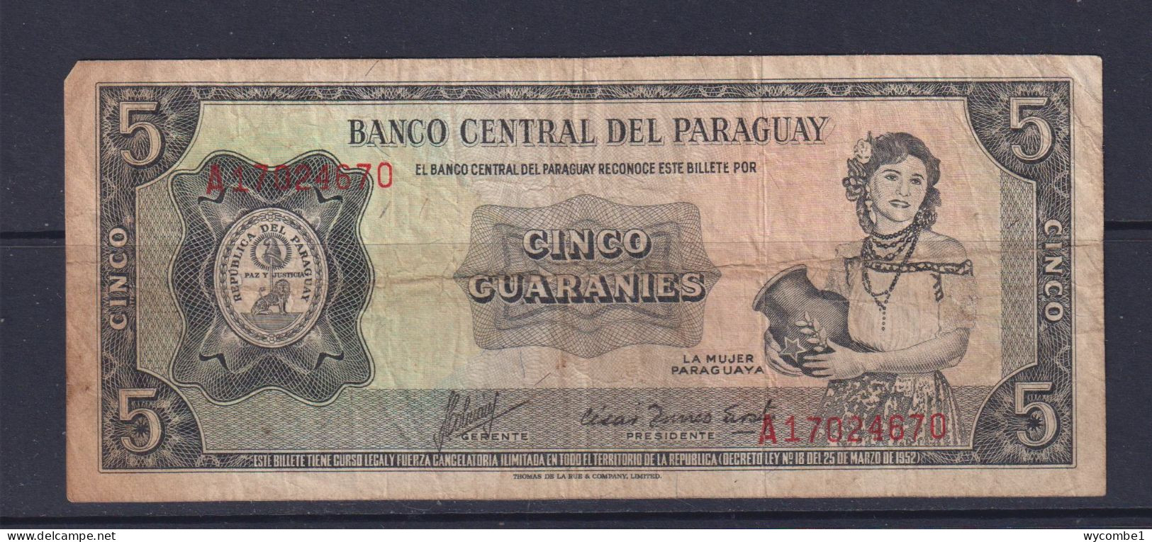 PARAGUAY - 1963 5 Guaranies Circulated Banknote - Philippines