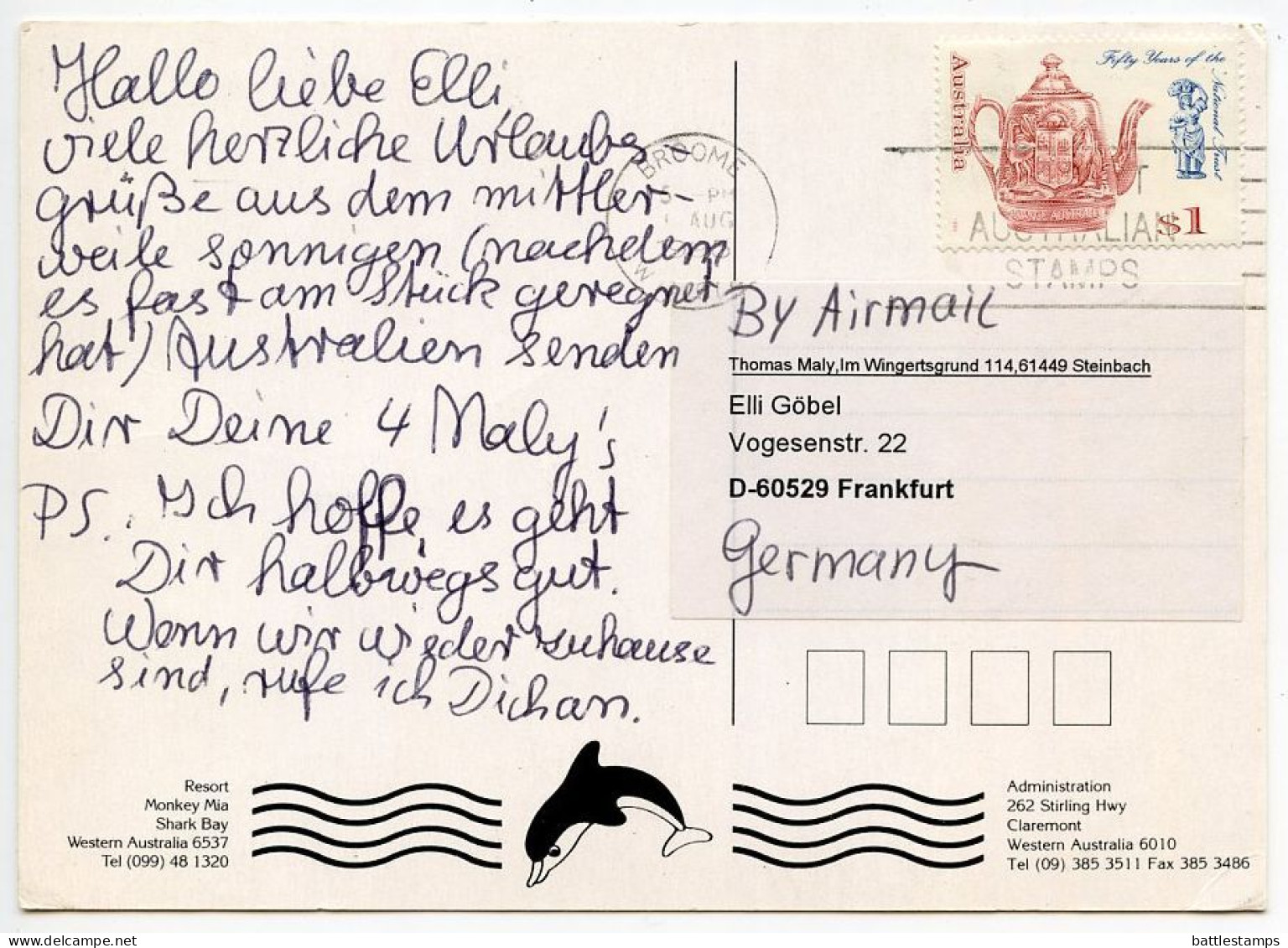 Australia 1995 Postcard Shark Bay - Western Australia; $1 National Trust Stamp; Broome Cancel - Sonstige & Ohne Zuordnung