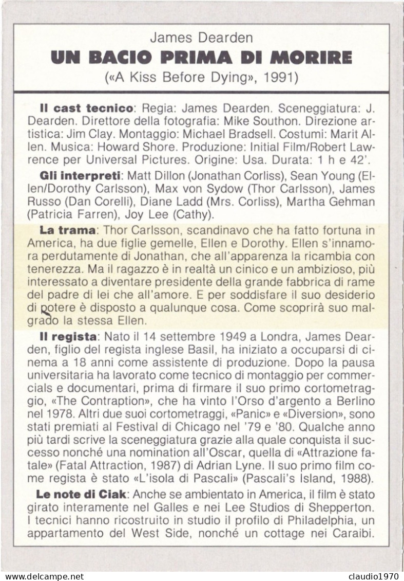 CINEMA - UN BACIO PRIMA DI MORIRE - 1991 - PICCOLA LOCANDINA CM. 14X10 - Publicidad
