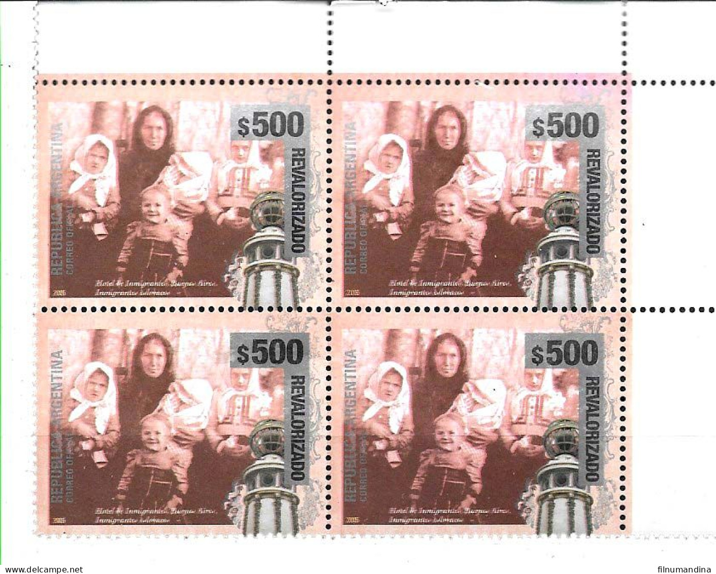 #75348 ARGENTINA 2023 NEW EMERGENCY OVERPRINTED (REVALORIZADO) SLOVAK INMIGRATION  DEFINITIVES 500 Ps MNH BLx4 - Ongebruikt