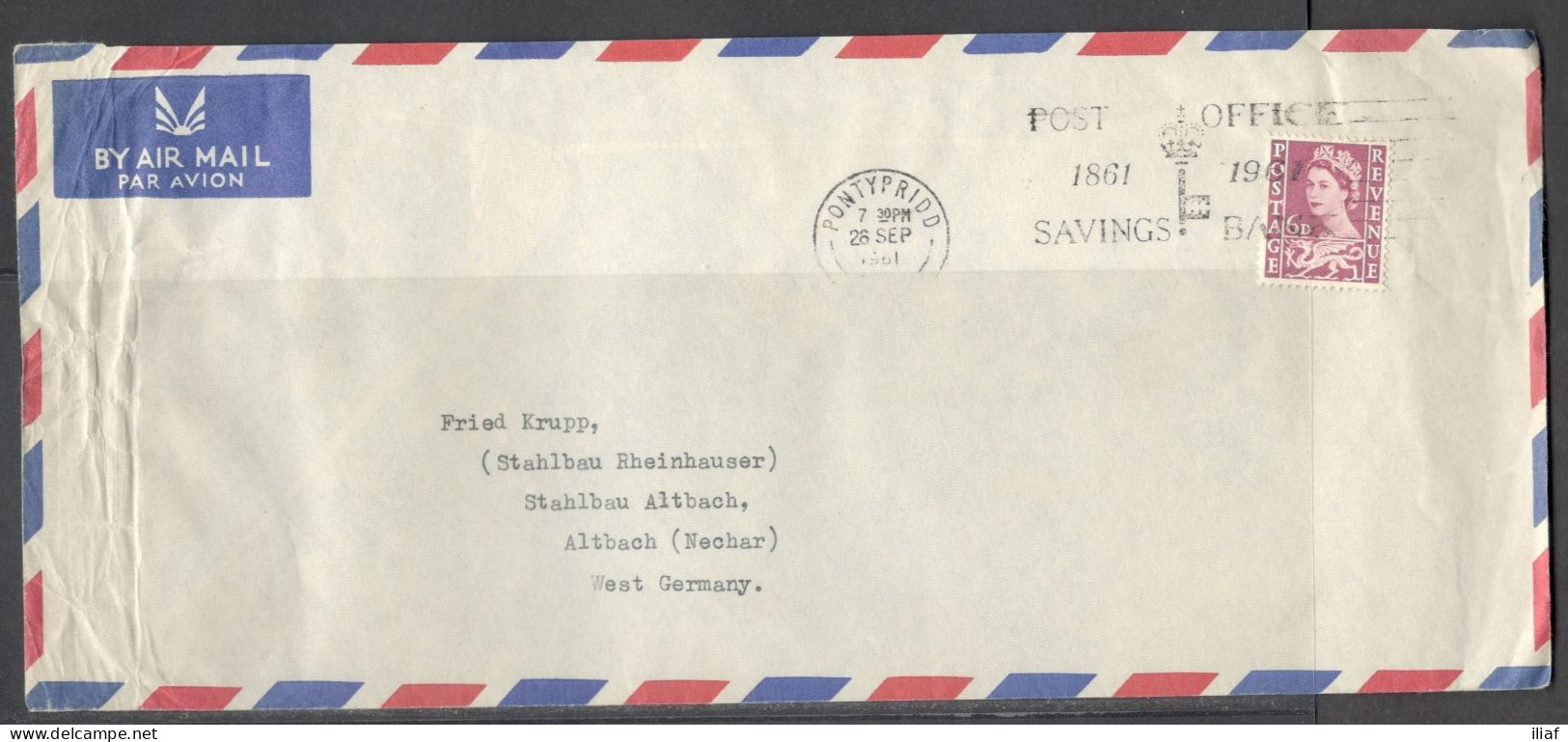 Great Britain - United Kingdom - Wales. Stamp Sc. W3 On Air Mail Letter, Sent From Pontypridd On 28.09.1961 To Germany - Gales