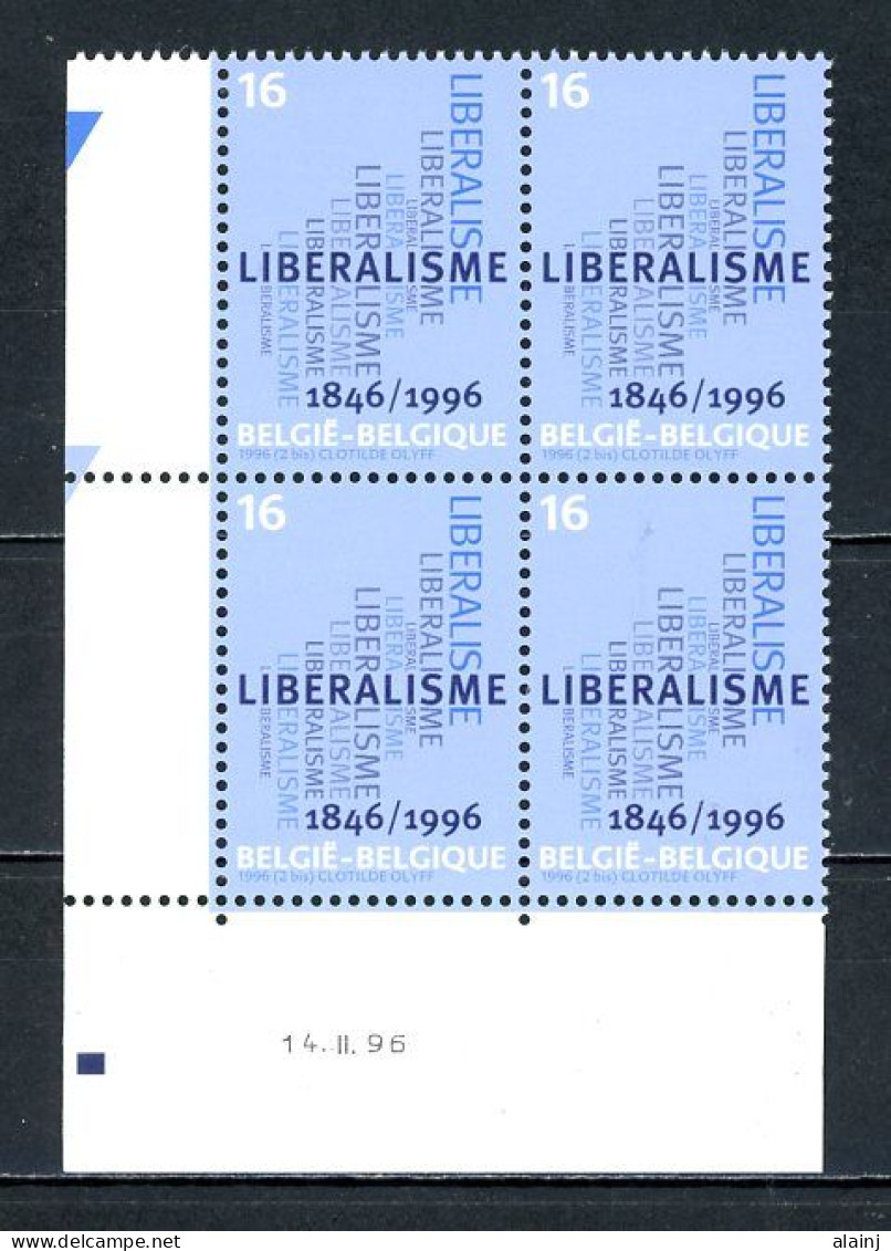 BE   2628  XX   ---  Anniverasire Parti Libéral  --  Bloc De 4 Coin De Feuille  --  Parfait état - Datiert