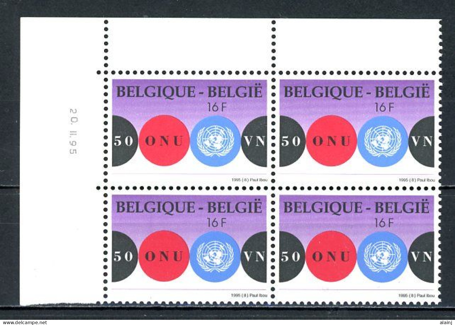 BE   2601  XX   ---  Cinquantenaire De L'O.N.U.  --  Bloc De 4 Coin De Feuille  --  Parfait état - Datiert