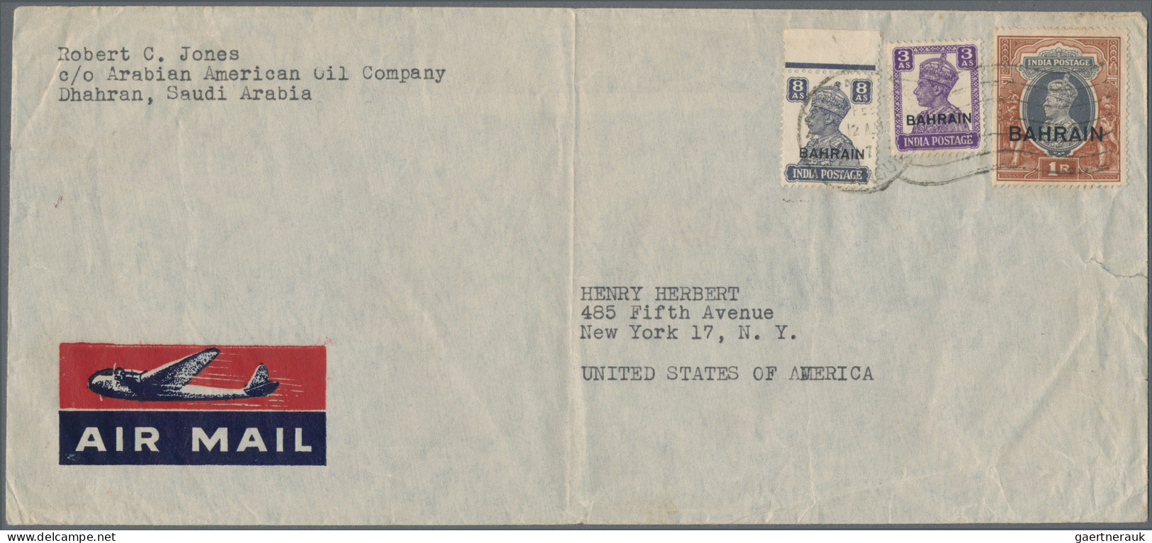 Bahrain: 1947 Air Mail Envelope Written From Dhahran, Saudi Arabia Addressed To - Bahreïn (1965-...)