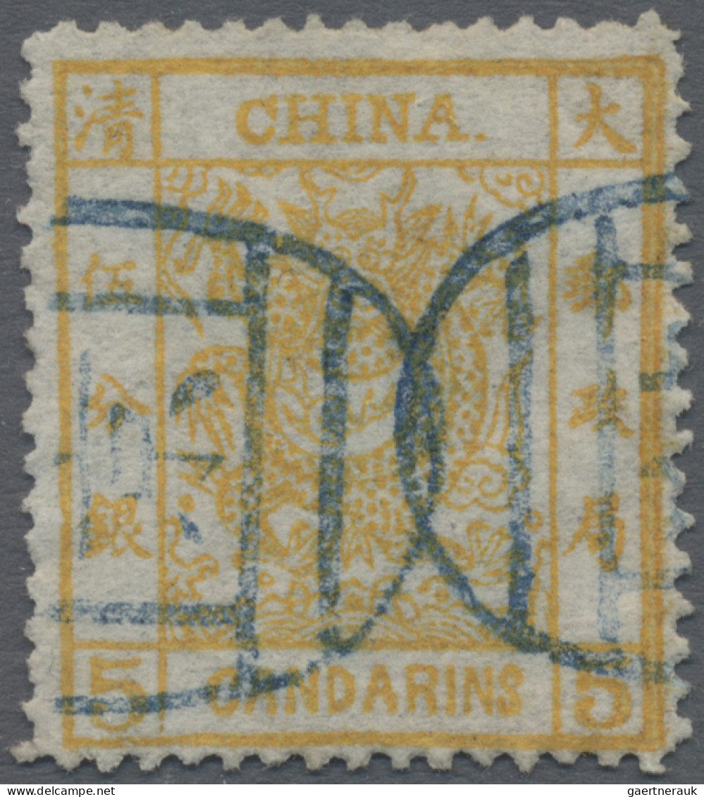 China: 1878, Large Dragon Thin Paper 5 Ca. Orange Canc. Two Strikes Of Blue Seal - Altri & Non Classificati