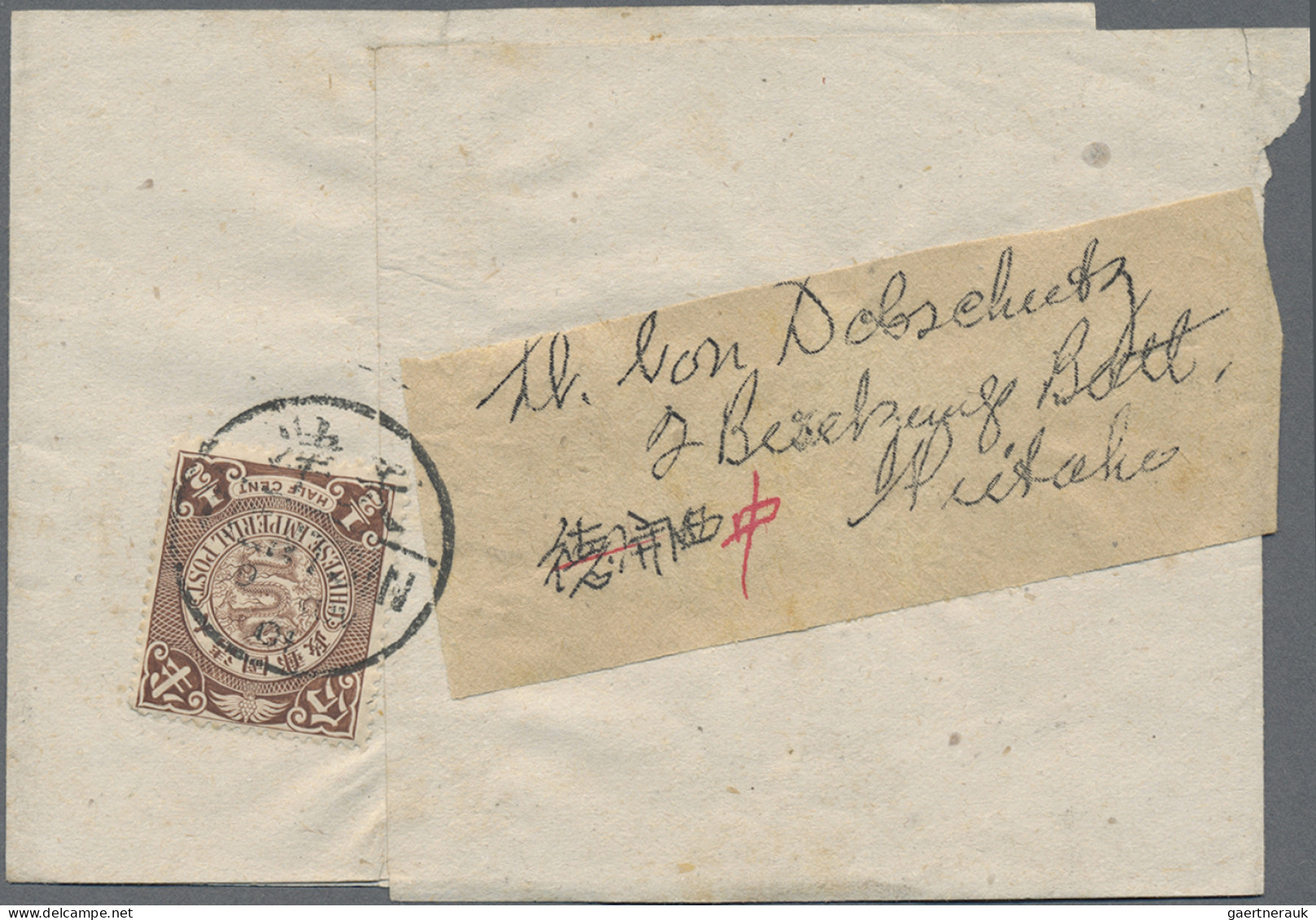 China: 1901, Coiling Dragon ½ C. Tied "TIENTSIN 9 NOV 01" To Wrapper To V. Dobsc - 1912-1949 Republic