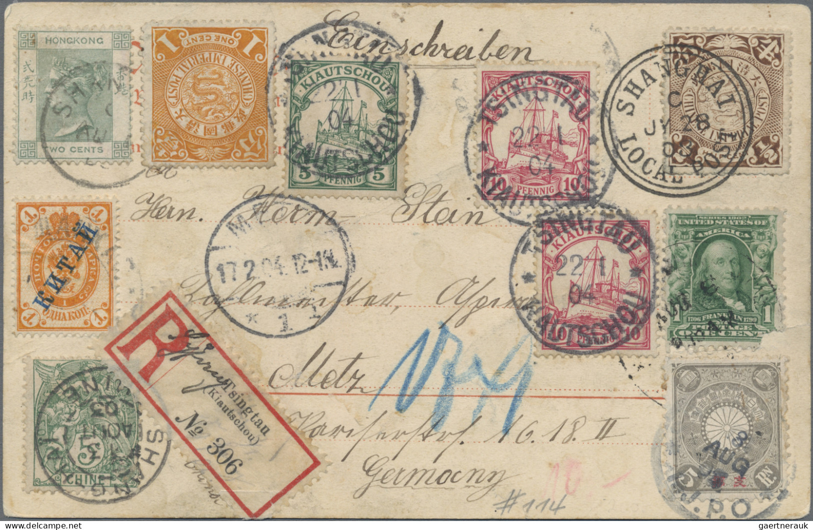 China: 1904, 7-country Franking With Shanghai Postmarks Real Used From Kiautscho - 1912-1949 Republic
