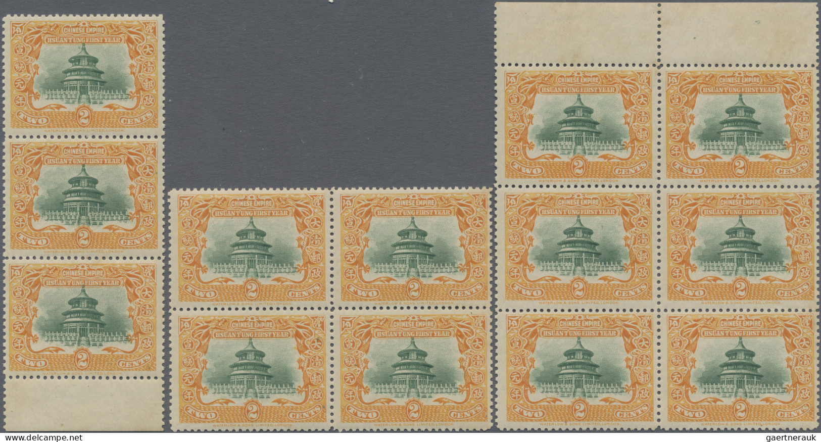 China: 1909, Hsuan-Tung Set, 2c C. (13), 3 C. (13), 7 C. (12): Strip-3, Block-4, - 1912-1949 Repubblica