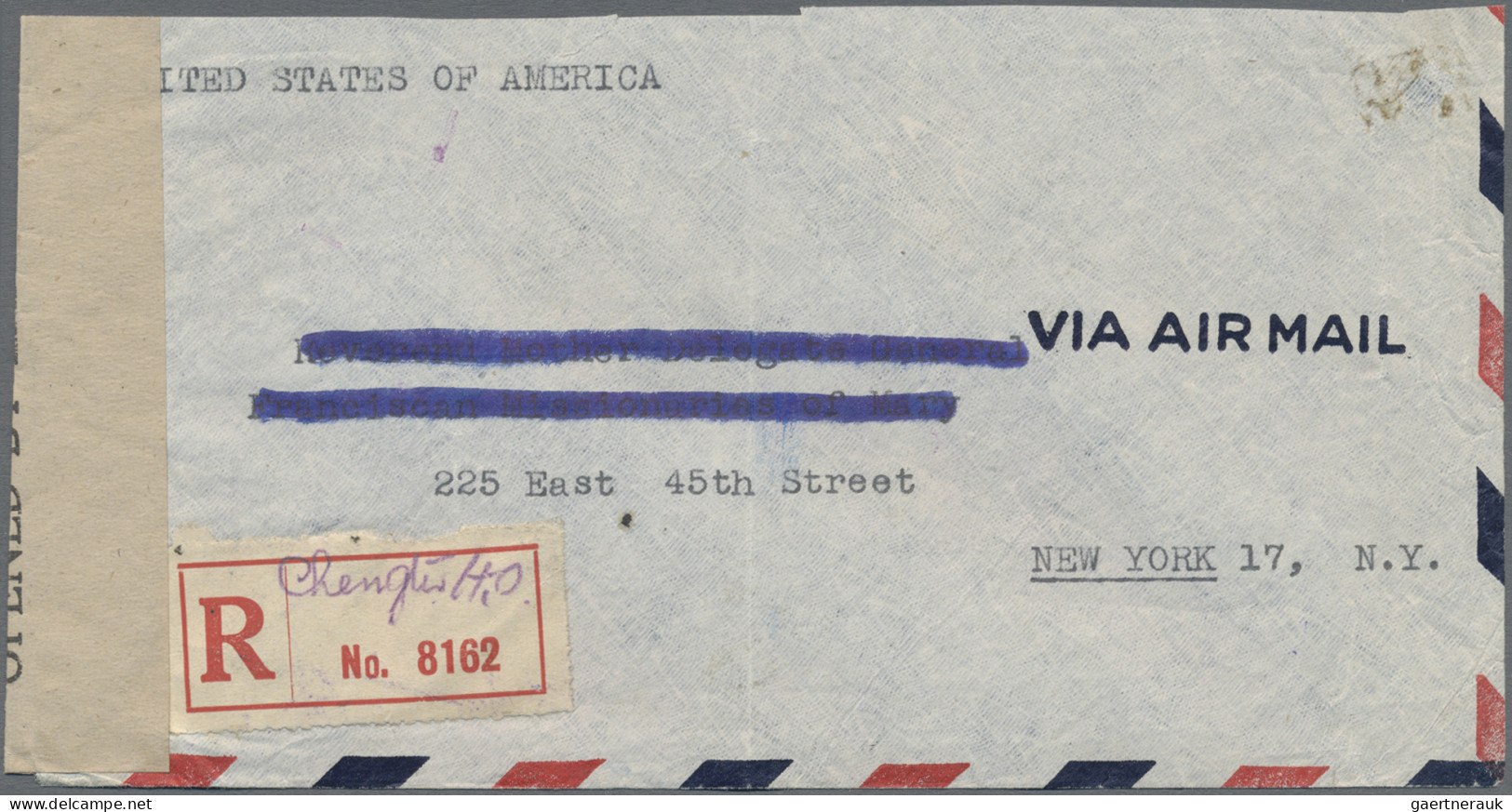 China: 1942/45, Registered Airmail Cover Addressed To New York, U.S.A. Bearing S - Briefe U. Dokumente