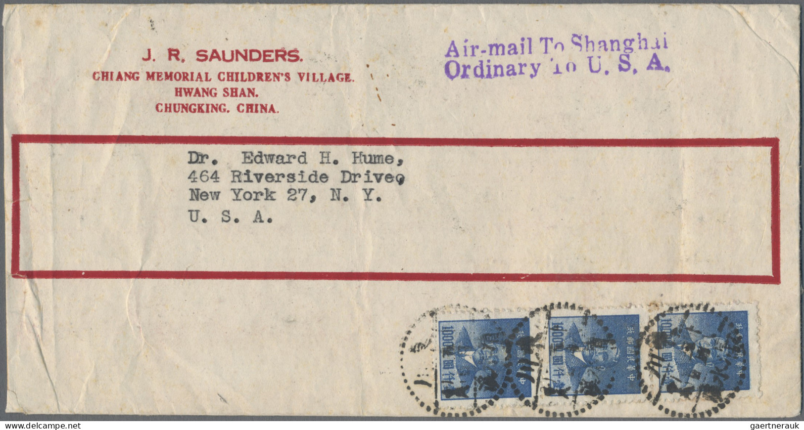 China: 1949, Airmail Cover Addressed To New York, U.S.A. Bearing Gold Yuan Hwa N - Covers & Documents