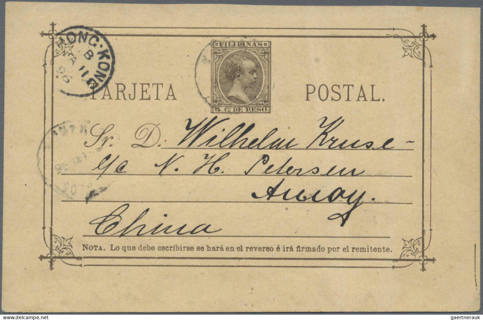 China - Incomming Mail: Philippines, 1896, Stationery Card Type Pelon 5 C. Brown - Other & Unclassified