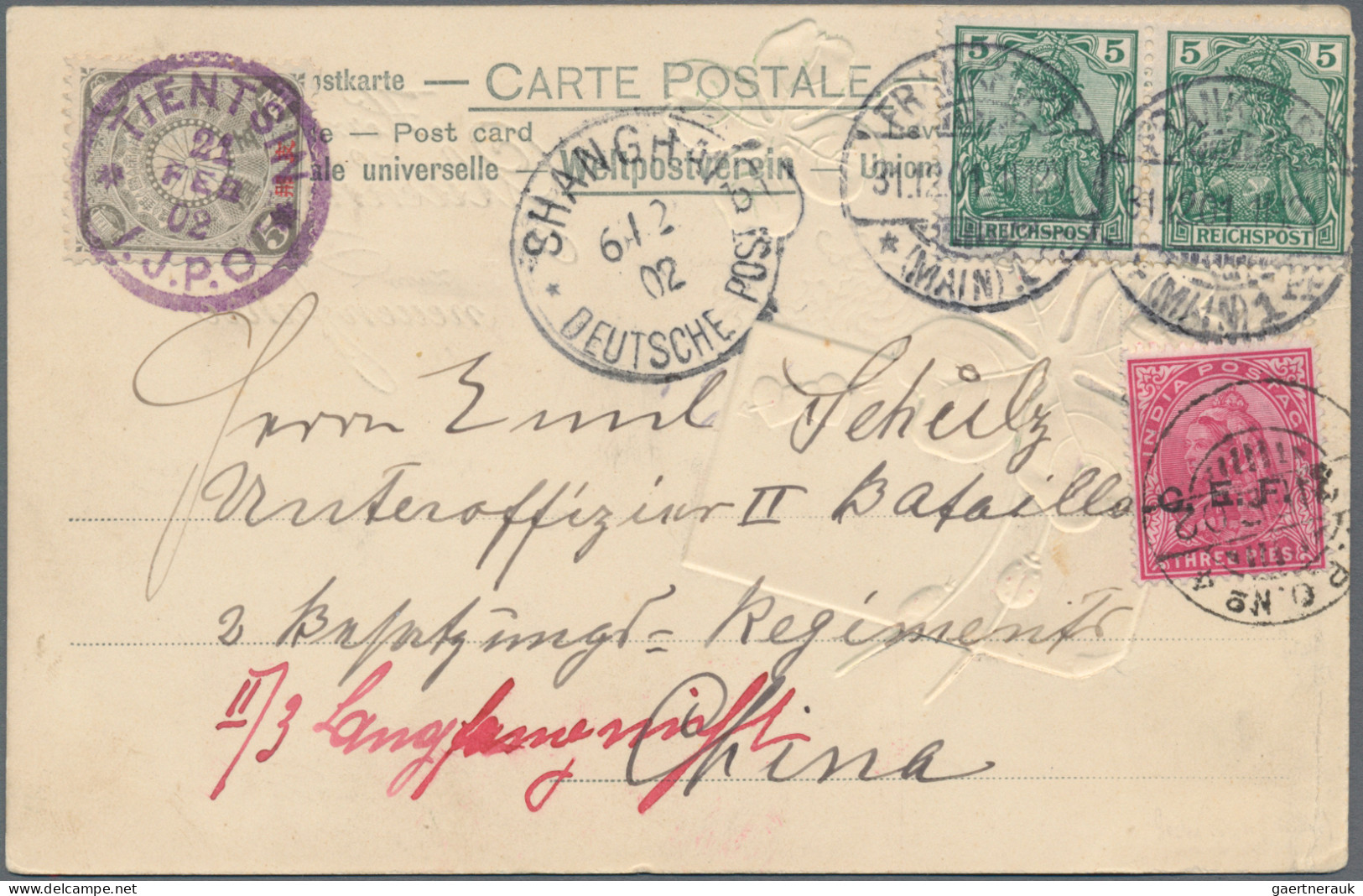 India - Field Post: 1901/1902, Germany, 2 X 5 Pf Green On Picture Postcard "New - Franchise Militaire